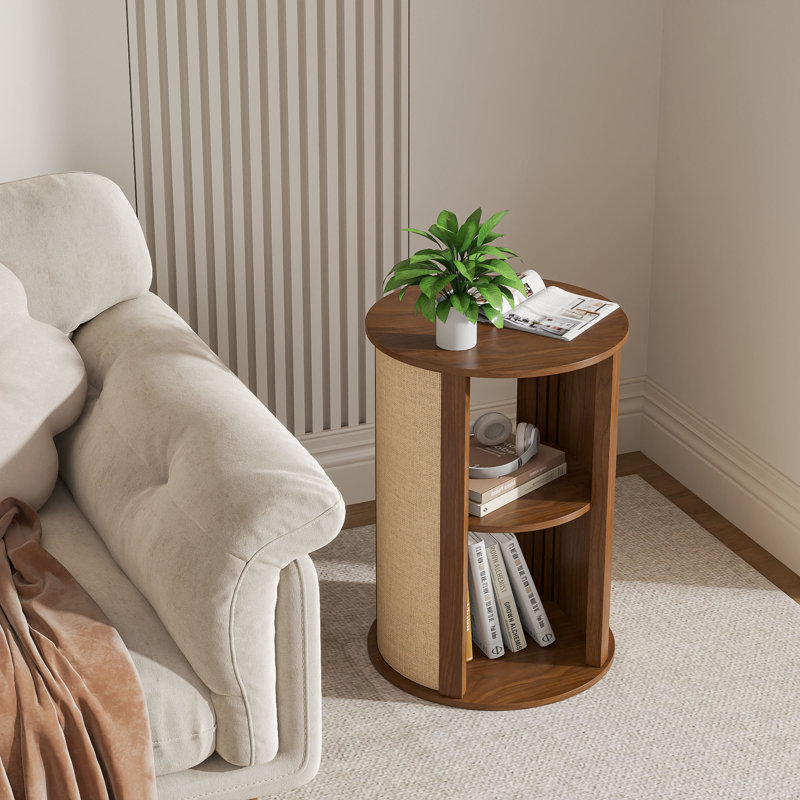 Boho Side Table, 2-tier End Table With Adjustable Shelf And Sackcloth Finish For Living Room, Bedroom, Walnut