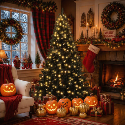 Sapin de Noël artificiel noir pré-illuminé de 1,8 m (6 pi) avec charnières, sapin de Noël en épicéa avec 920 extrémités de branches et 280 lumières DEL de couleurs changeantes avec 11 modes d'éclairage, décoration de Noël pour la maison, le bureau et l'école