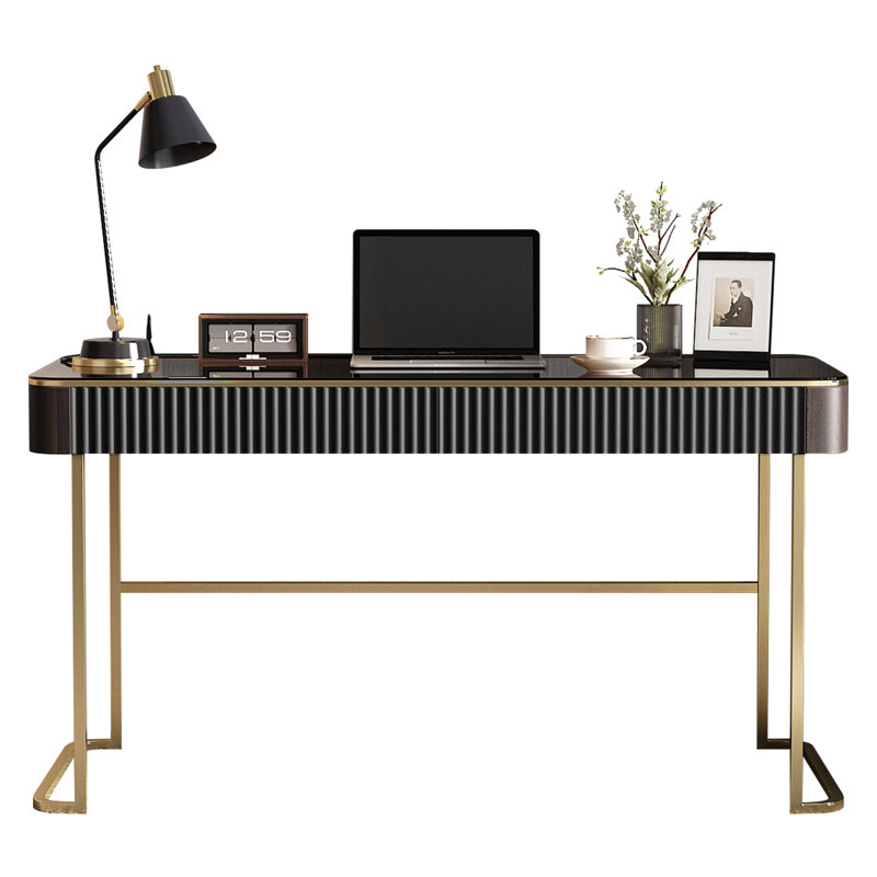 Rectangle Office Desk, Black/Brown/Gold, 29.50" H x 47" W x 23" D