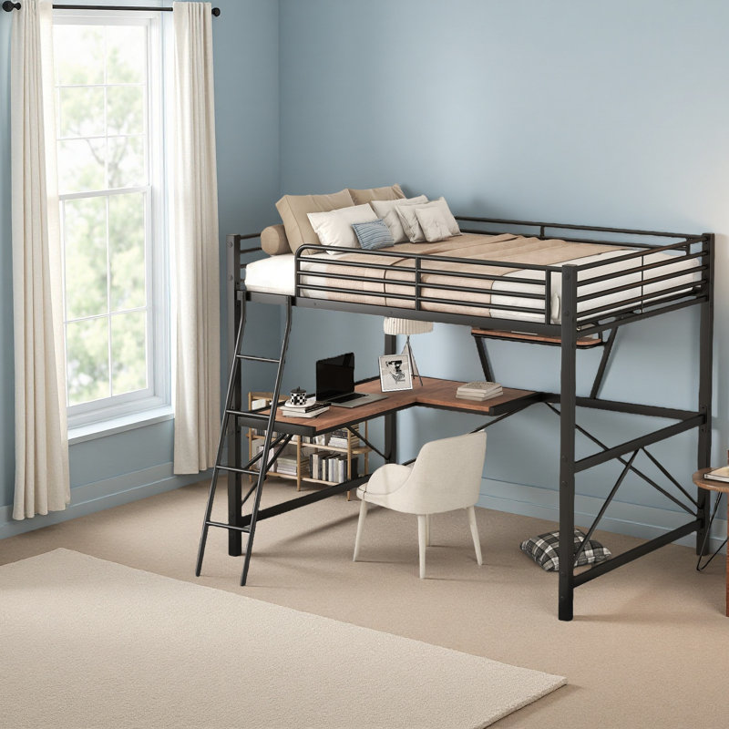 Lit mezzanine double en métal avec bureau et tablette, Noir
