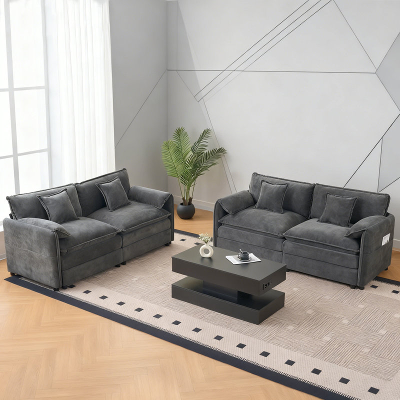 Ensemble de canapé surdimensionné en chenille 2 pièces avec causeuse modulaire et 4 coussins, Gris