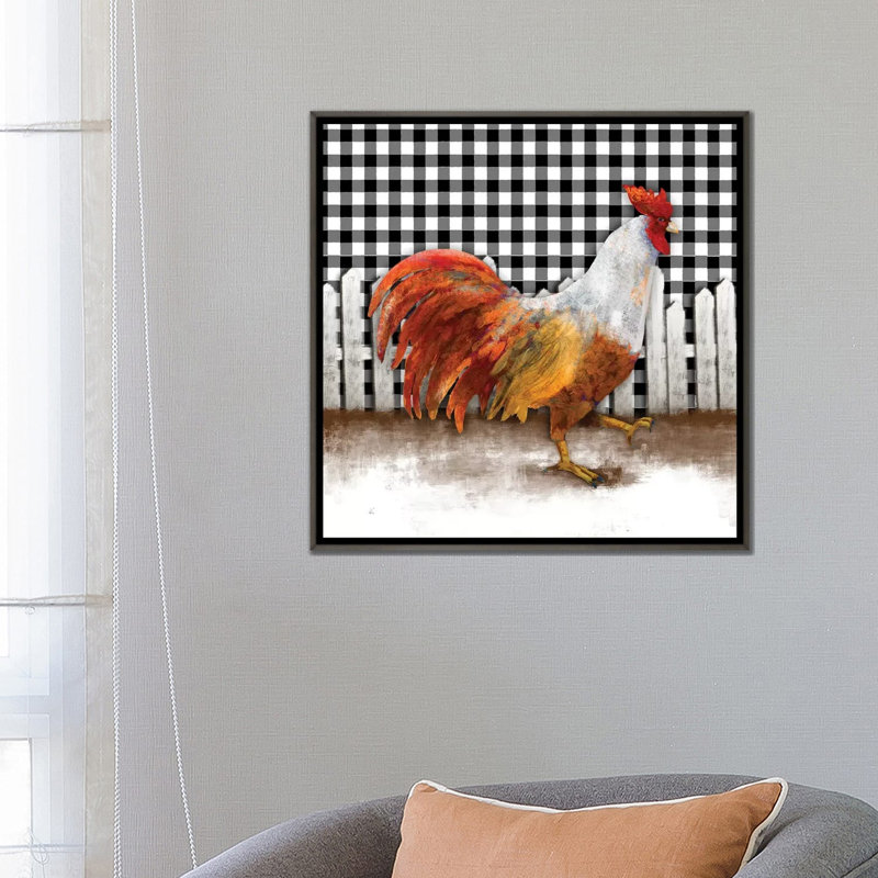 «Morning Rooster I» par Dan Meneely - reproduction d'art, H 26 po x l 26 po x P 1,5 po, Toile avec cadre gris, Aucun mat