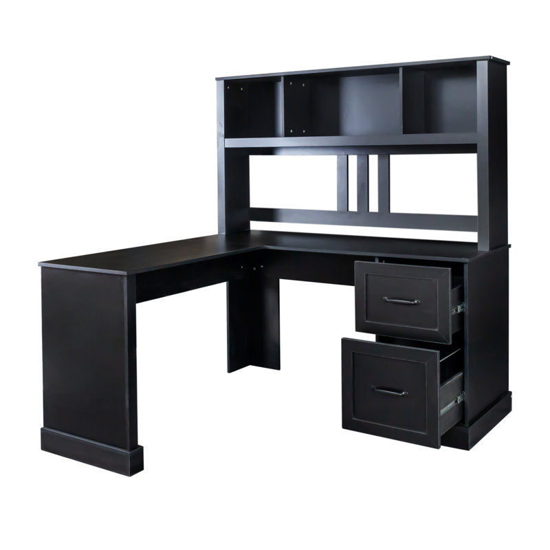 Bureau de bureau antique noir antique, tablette ouverte à 2 niveaux, 2 grands tiroirs, nombreuses options de rangement, plateau supérieur lisse