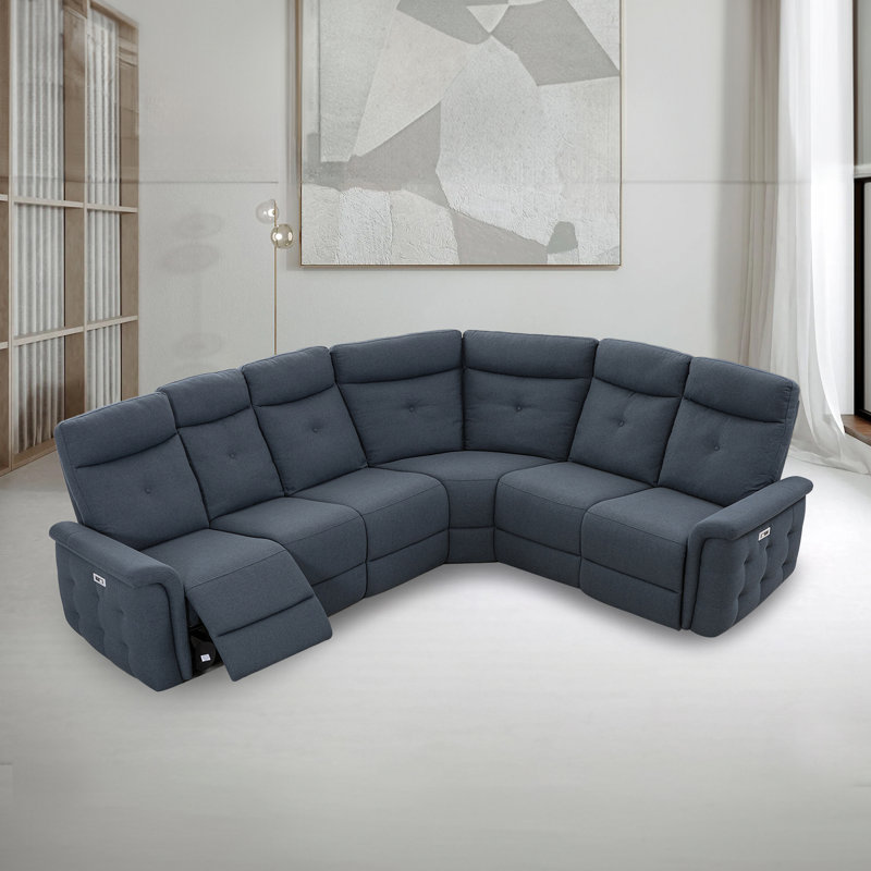 Upholstered Power Reclining Curved Sectional, Dark Blue Fabric