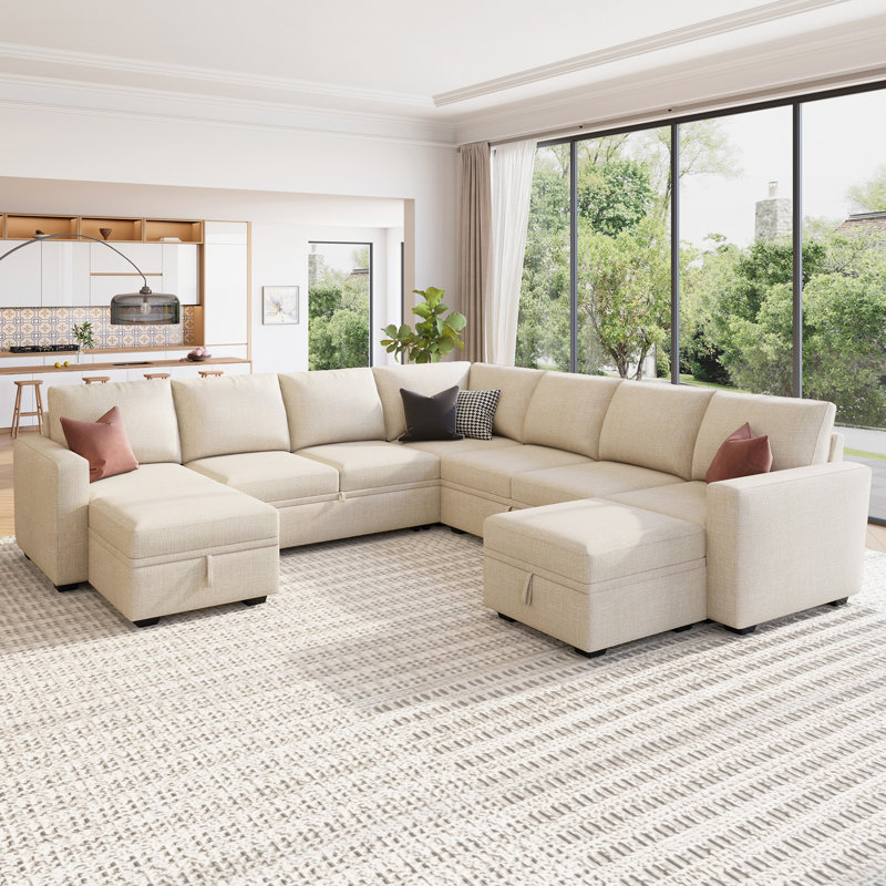 Caren Upholstered Sleeper Sectional Modular Sofa Bed With Ottoman, Beige Polyester