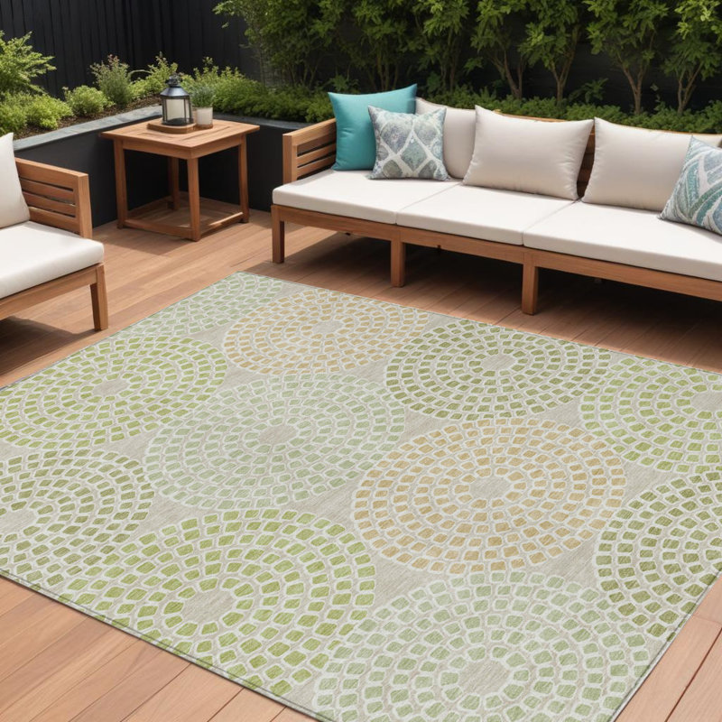 Tapis intérieur / extérieur 10 pi x 14 pi vert et brun à motif géométrique lavable