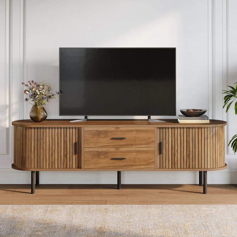 Meuble télé Mid-Century cannelé avec portes coulissantes pour le salon