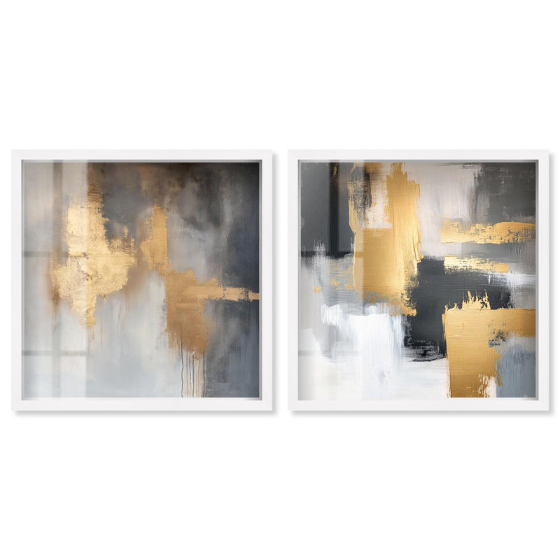 «Gilded Tranquil Abstract Art», ensemble de 2 panneaux par Shadowbox , H 13 po x l 13 po, Blanc