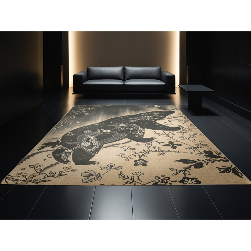 Machine Washable Pantelie Classic Oriental Rug in Black – Beige Binding, 8 x 12