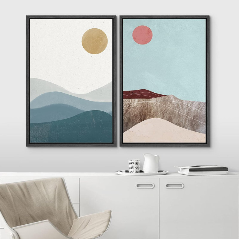 Soleil et lune au-dessus de paysages texturés, paysage géométrique minimaliste moderne Mid-Century, Noir, H 36 po x l 48 po