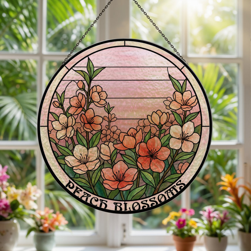 Panneau de vitrail 12 "H Peach Blossoms, H 12 po x l 12 po