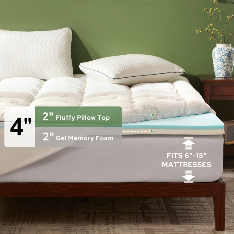 BEDLORE® Dual Layer 4" Memory Foam Mattress Topper with Rayon Bamboo Cover, 2" Cooling Memory Foam & 2" Plush Breathable Bamboo Pillow Top with 6-18" Deep Pocket, for Back Pain Relief