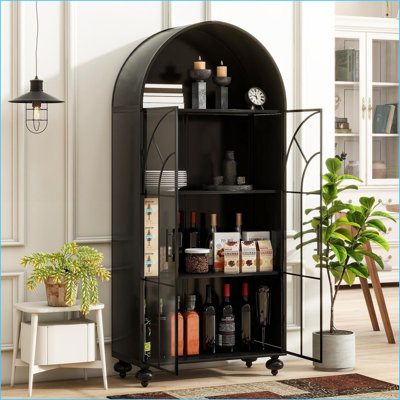 Storage Cabinet, 65.3” Farmhouse Industrial Arched with Glass Doors &amp; Shelves | Steel | Tempered Glass