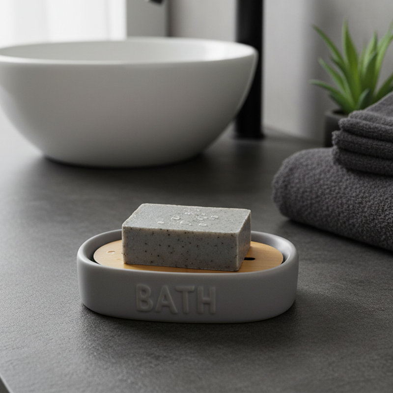 Distributeur de savon à vaisselle avec plateau en bambou Bath D Dolomite, Gris / bambou