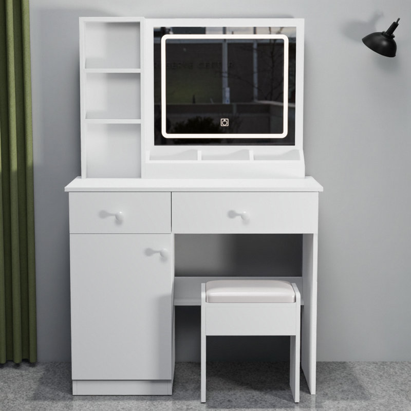 Bureau de coiffeuse Fashion avec miroir lumineux, 3 lumières DEL à intensité variable et 2 grands tiroirs