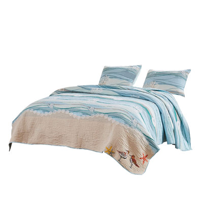 Maritsa Maui Embroidery Seashell Reversible Quilt Set with decorative pillows