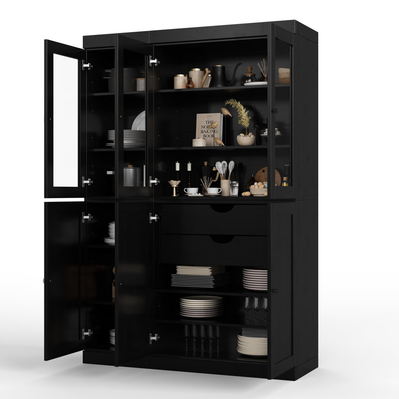 Garde-manger Palace 100% bois massif 48,5 po avec shaker, portes en verre transparent, 2 tiroirs et tablettes réglables Palace Imports