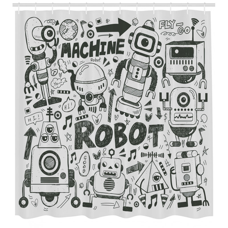 Ensemble de rideau de douche et de crochets robot, H 75 po x l 69 po