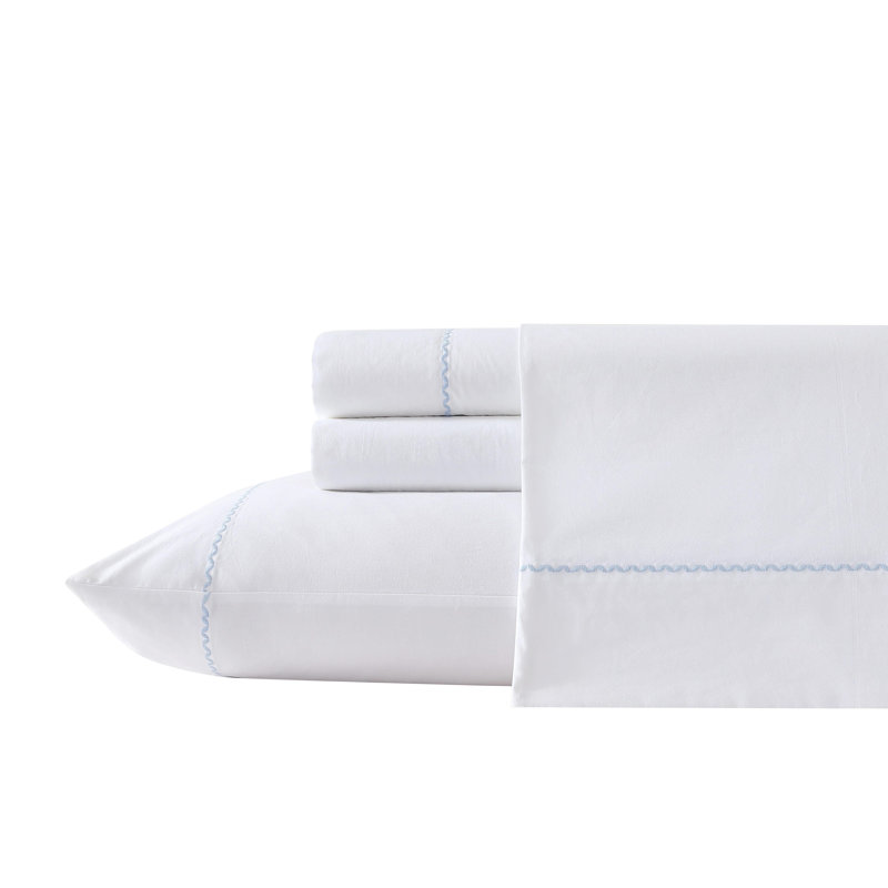 Twin Blue Cotton Percale Embroidered Sheet Set