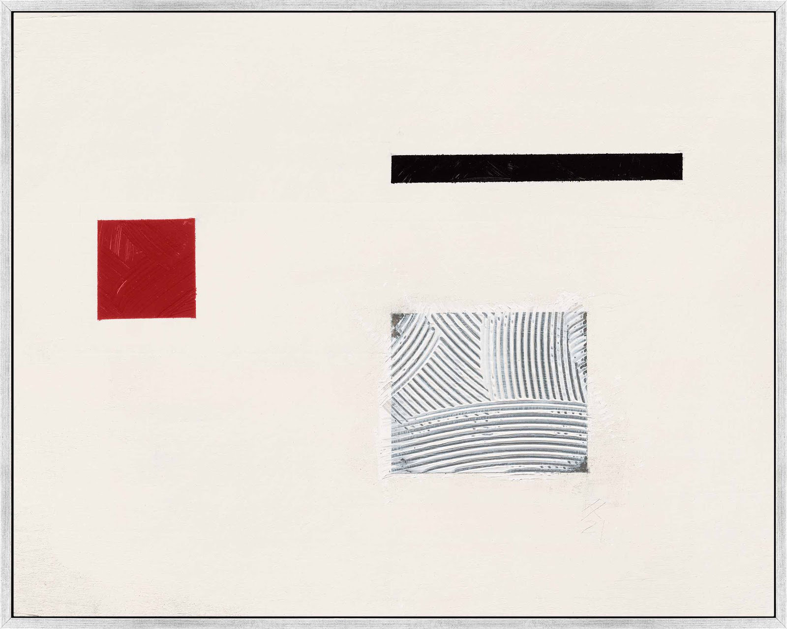 Tempo with Red 1 Print by Robert Kamnatnik, 21" H x 30" W x 1.38" D, Silver Framed Canvas