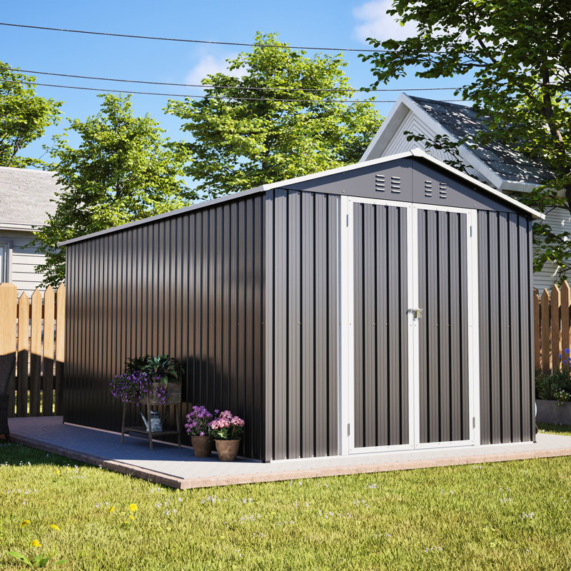 8x12 Ft Lockable Metal Garden Tool Storage, Grey, Aluminum Frame, Ample Room For Bicycles, Double Doors Quick And Easy Access To Storage Large Grey Outdoor Shed With Door, Essentials, Convenient Dual