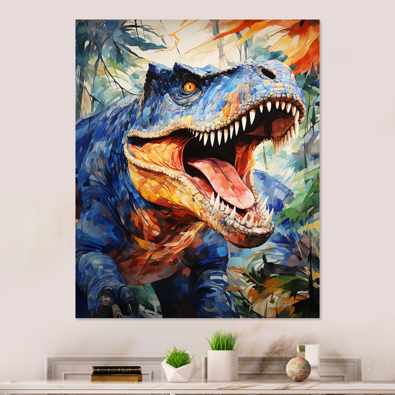 Trex coloré de dinosaure rugissant II - art mural dinosaure, H 20 po x l 12 po x P 1 po