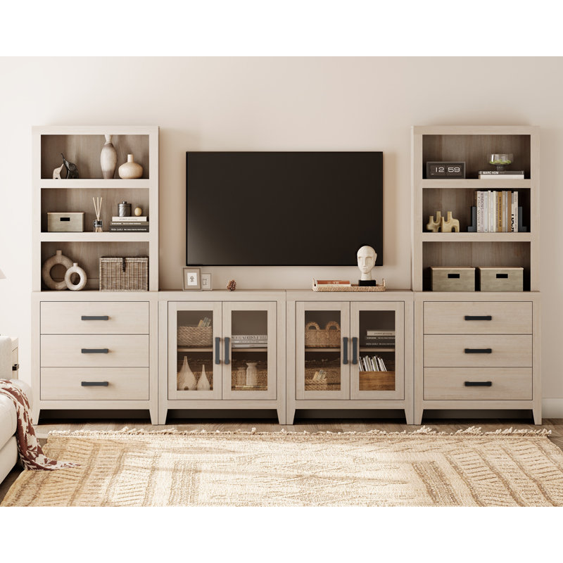 Farmhouse Entertainment Center With Bookshelves, 4-Piece Modular TV Stand With Drawers, Glass Doors, Open Shelves,  Media Console For Living Room, Home Theater, Beige