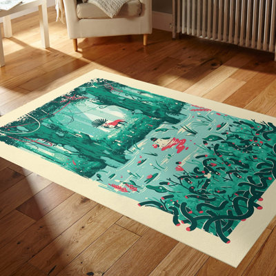 Tapis rectangulaire en chenille tricoté à la main en vert / beige