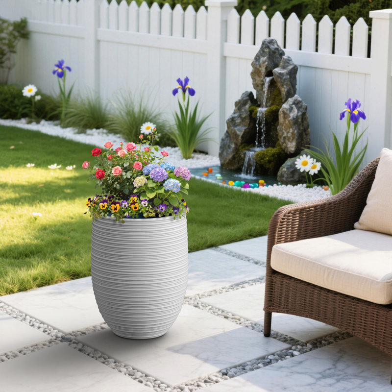 17 in. Pearl White(Upgraded Interior) Concrete Round Planter / Pot with Drainage Hole for Indoor & Outdoor