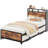Twin Daybed with Pop-Up Trundle & Storage Headboard with Built-In Charging Station, Brown