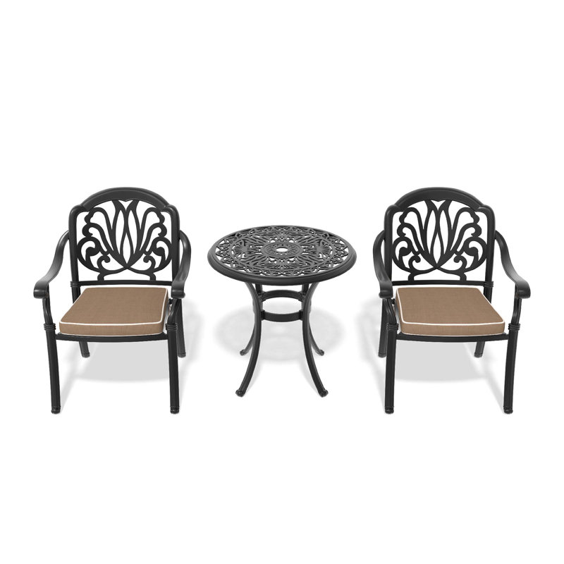 3-Piece Set Of Cast Aluminum Patio Furniture  With Black Frame And Brown Seat Cushions, 2