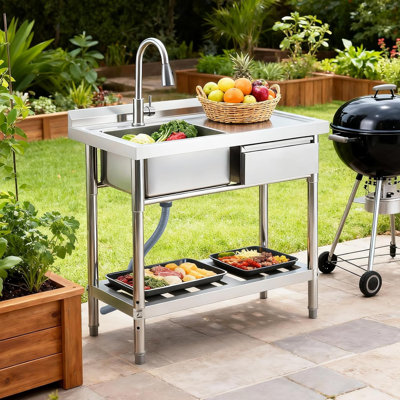 Évier utilitaire en acier inoxydable avec établi et tiroir, évier de cuisine autoportant à simple cuve de 39 x 20 po avec robinet rétractable, tuyaux d'eau chaude et froide pour garage