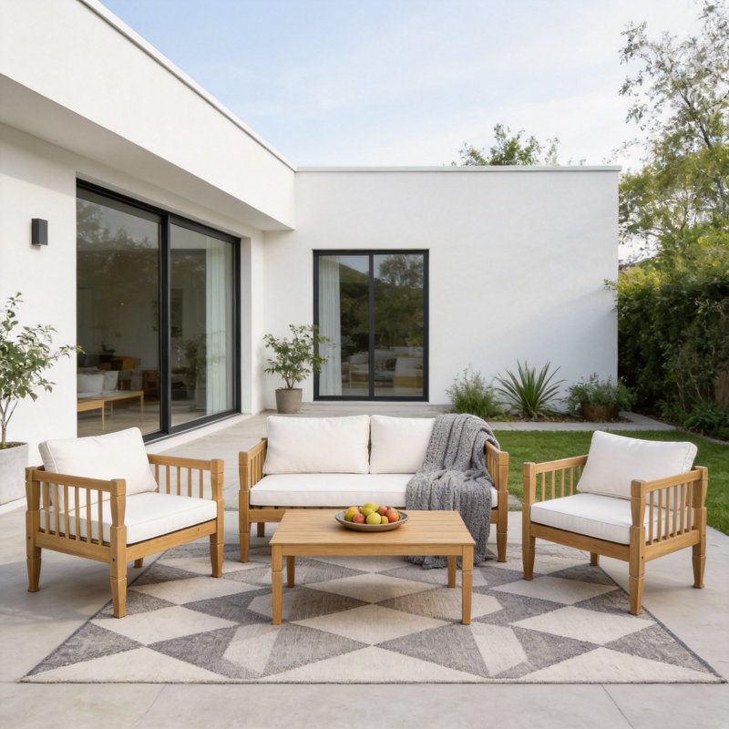 Modern Acacia Outdoor Furniture Set, 2 Chairs + Loveseat + Coffee Table