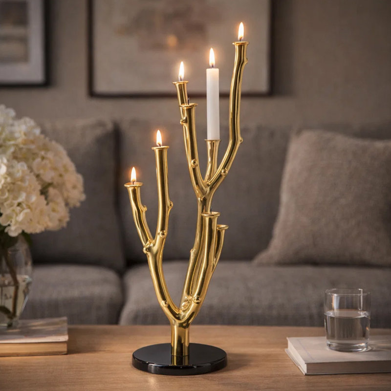 Lydia Multi-Taper Candle Holder, Branching-Stem Design, 38 Inch Gold Metal