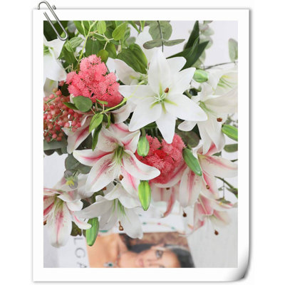 Paquet de 6 bouquets de fleurs de lys artificiels en latex artificiel pleine fleur avec 3 têtes de mariage