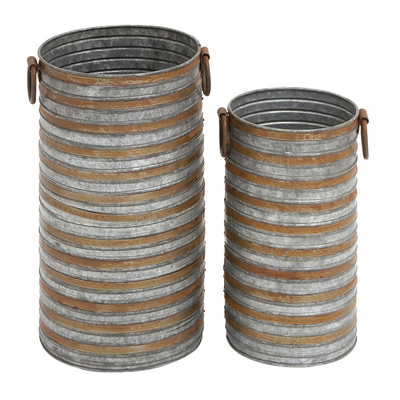 Cowie Distressed Iron Bucket Planters with Side Handles (Set of 2)