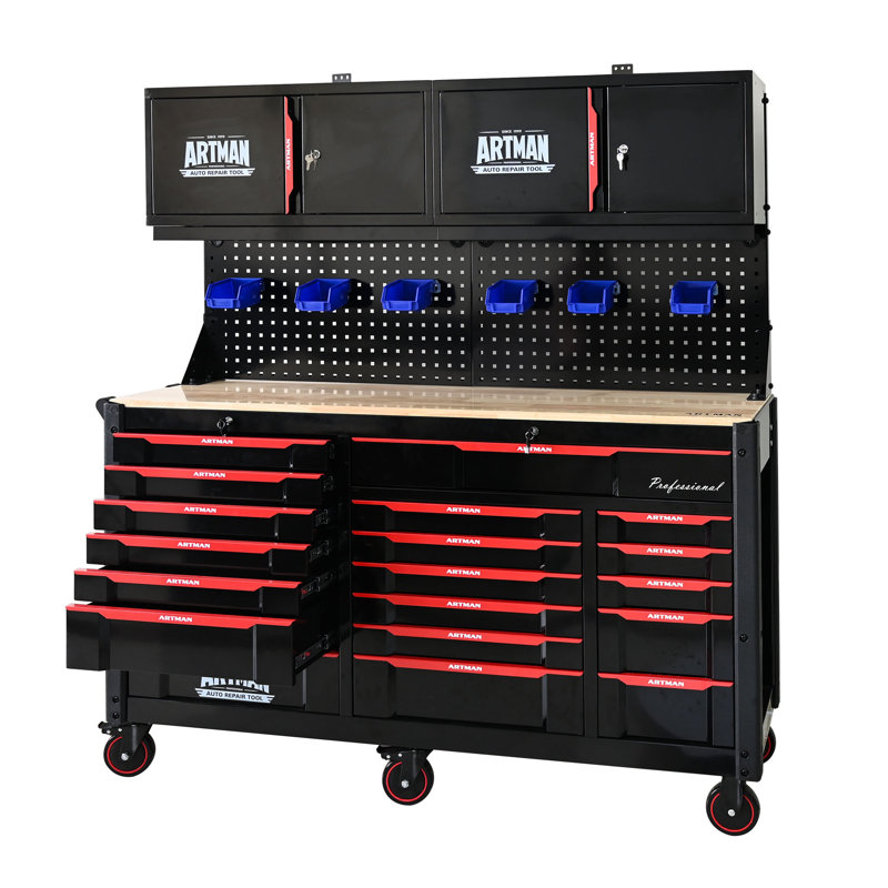 Wall-Mounted Tool Cabinet with Pegboard Organizer - Heavy-Duty Steel Garage Storage System with Double Doors, Tool Rack and Hanging Hooks (Black & Red)