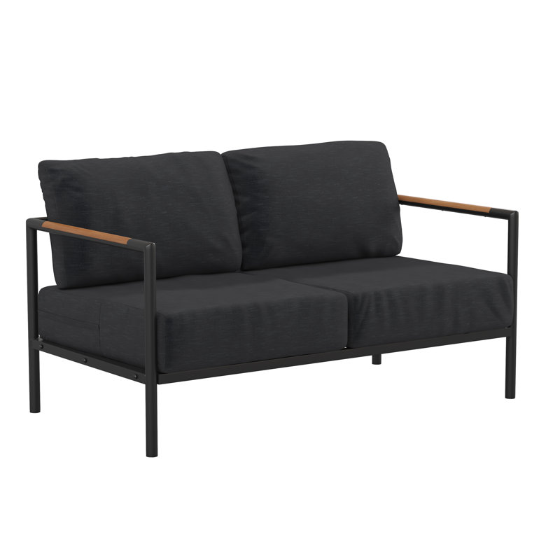 Annegriet Aluminum Frame Loveseat with Teak Arm Accents and Plush Cushions, Charcoal