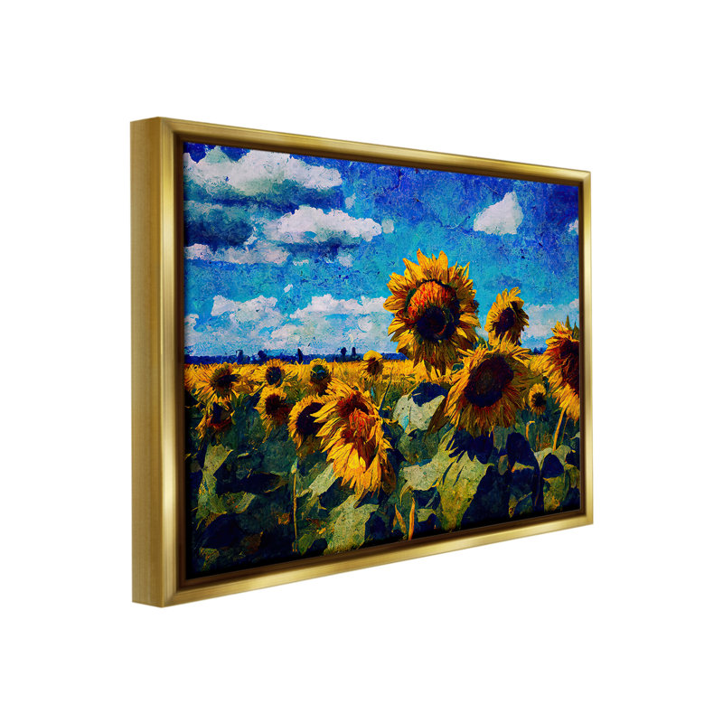 «Sunflower Field & Clouds Floater Frame» par Gina Kelly sur, H 25 po x l 31 po, Cadre flottant métallique doré