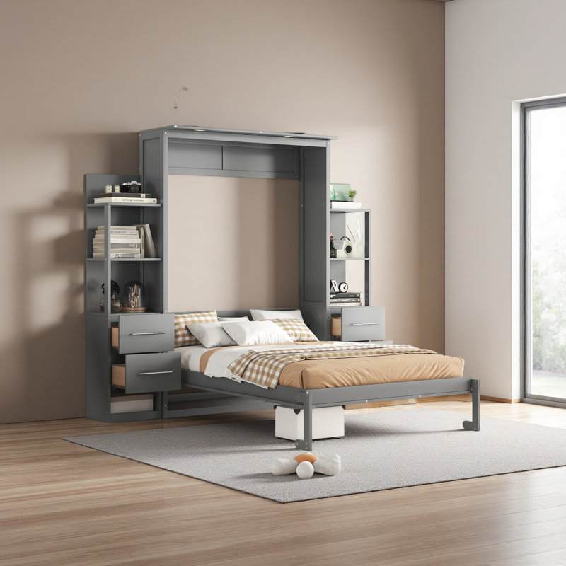 Lit escamotable double pleine grandeur avec tablettes, tiroirs et lumières DEL, Gris