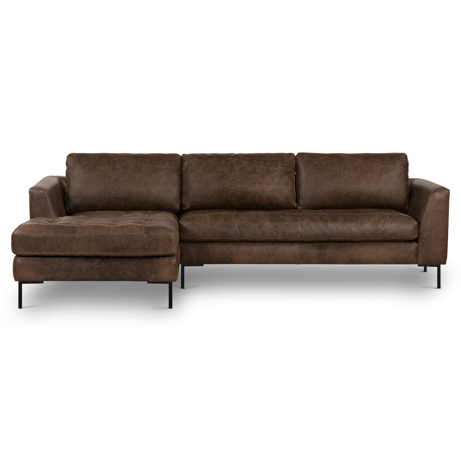  Full-Grain Genuine Italian Leather Sectional Sofa, Black, Left Hand Facing, Brown Stone Full Grain Leather