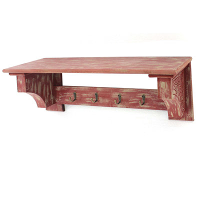 Joliette Wooden Wall Shelf with 4 Hooks and Carved Side Frames, Distressed Red