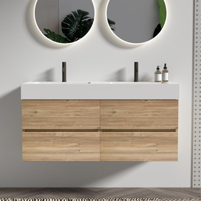 Meuble-lavabo 48 po avec lavabo à quartz en chêne et tiroirs noirs doux, meuble-lavabo mural flottant pour salle de bain moderne, lavabo une pièce blanc brillant mat, KD