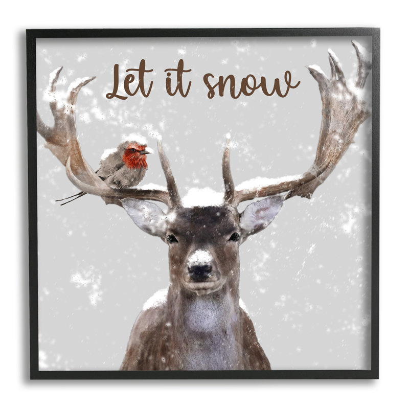 Let It Snow Winter Bird Percher Deer Antler, H 24 po x l 24 po x P 1,5 po, Giclée encadrée noir minuit