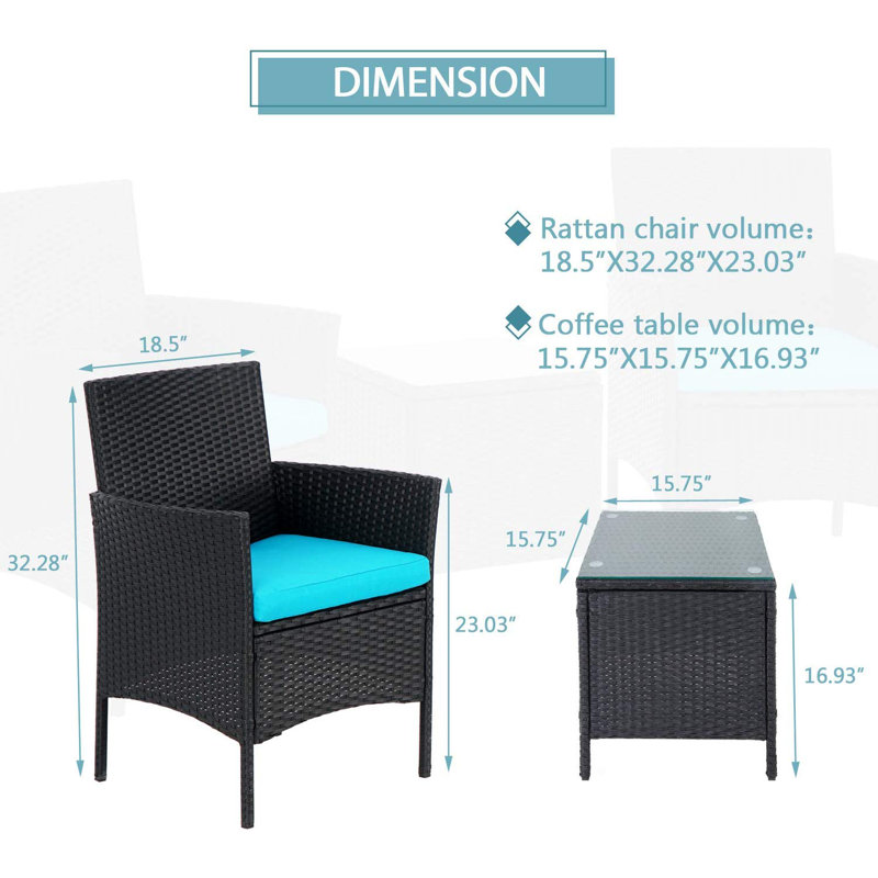 Ensemble de conversation d'extérieur en rotin 3 pièces avec coussins Drayton, Noir, bleu