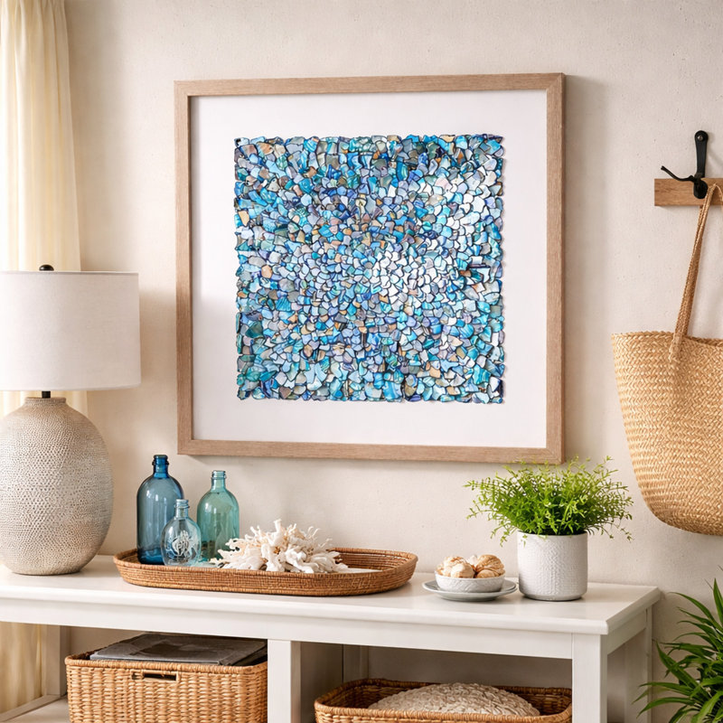 Art mural mosaïque coquillage bleu Coryell avec cadre champagne
