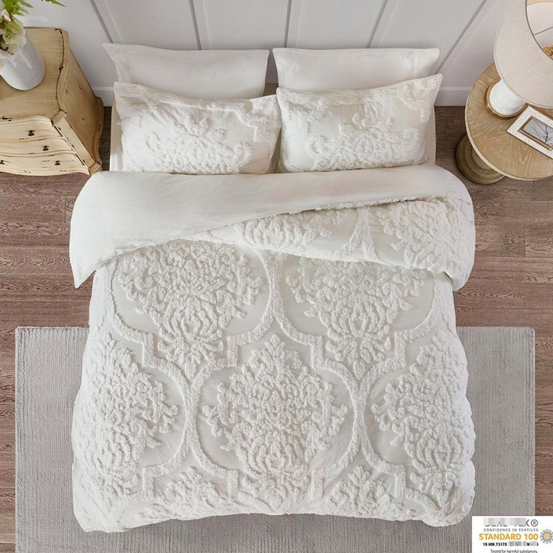 Literie en chenille de coton double / grand 3 pièces, chic et décontracté avec des attaches et une couette à boutons, fermeture à attaches blanches