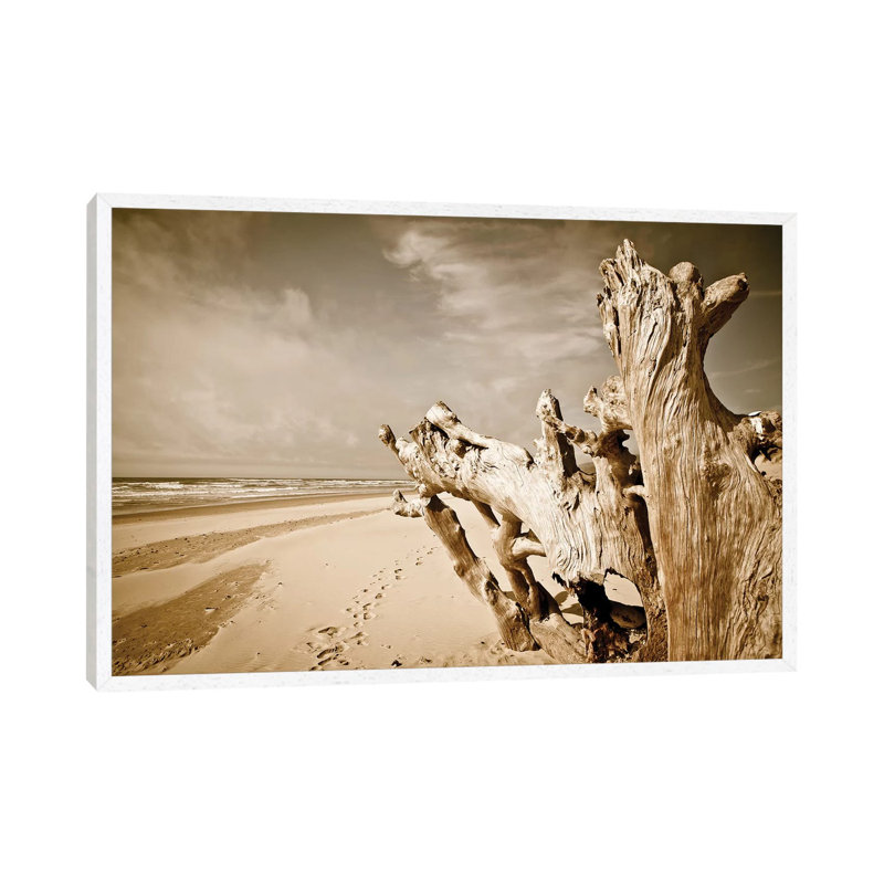 Oregon Coast Beach Wood 1 Piece Wall Art on Canvas, 101.6 cm H x 66.04 cm W, White Framed