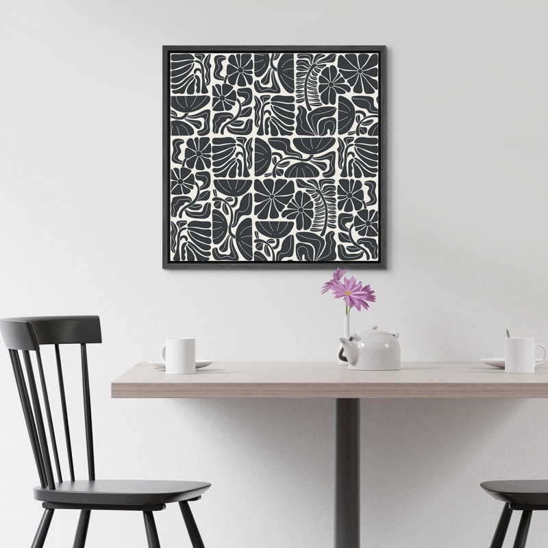 Abstarct botanique noir et beige, Cadre flottant noir, H 24 po x l 24 po