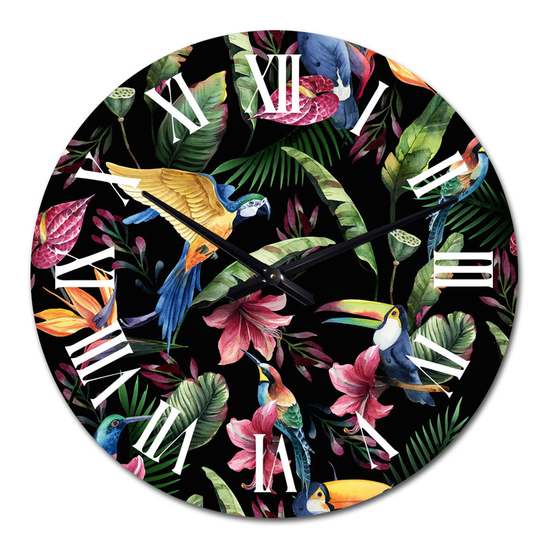 Horloge murale à motif de perroquet avec fleurs tropicales et feuilles vertes, Grand